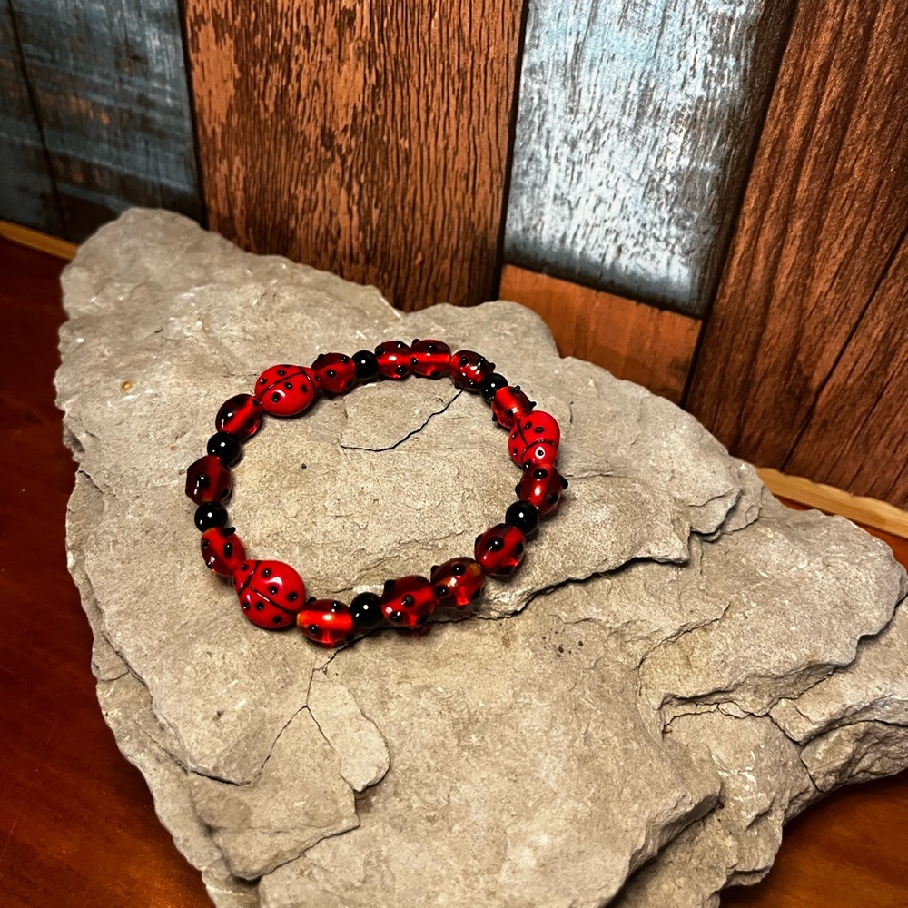 Handcrafted Red and Black Beaded ladybug stretch Bracelet